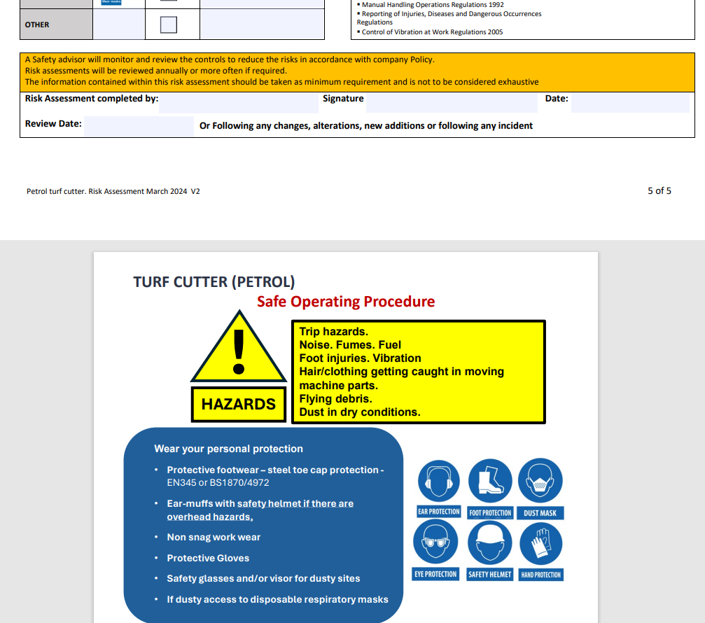 Turf Cutter/Lifter (Petrol) - Risk Assessment